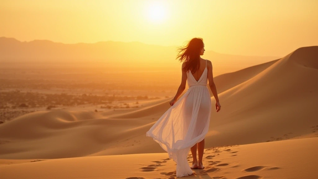 Elegante Frau im weissen Kleid auf den Sanddünen der 1000 Nights Camp Oman bei Sonnenuntergang