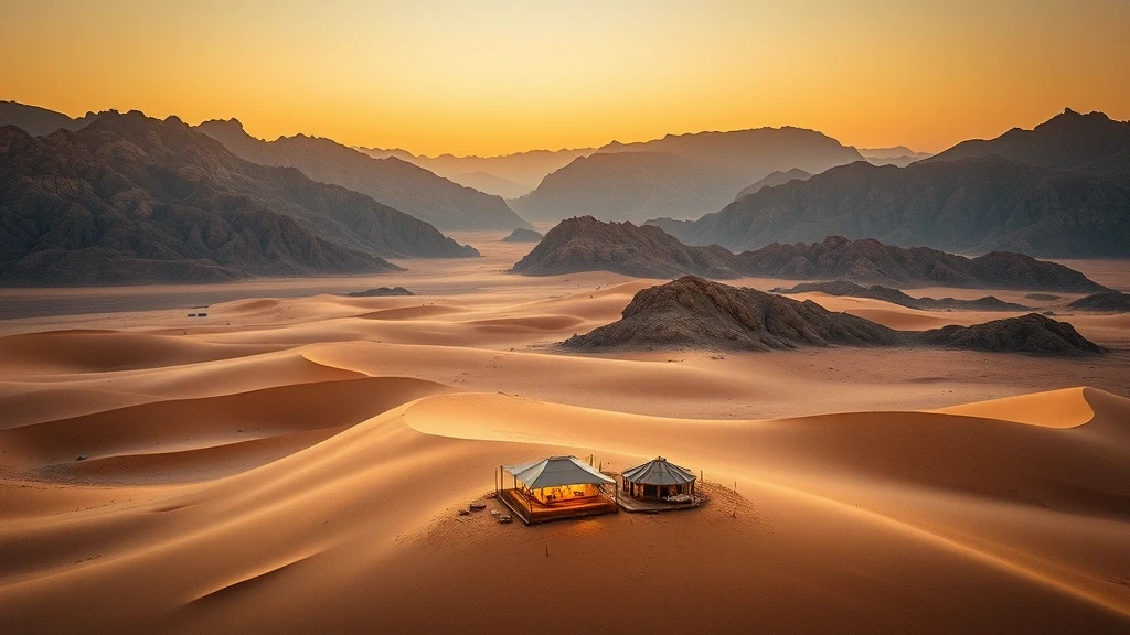 Luftaufnahme der 1000 Nights Camp in Oman mit dramatischen Wüstendünen und Bergen zur goldenen Stunde