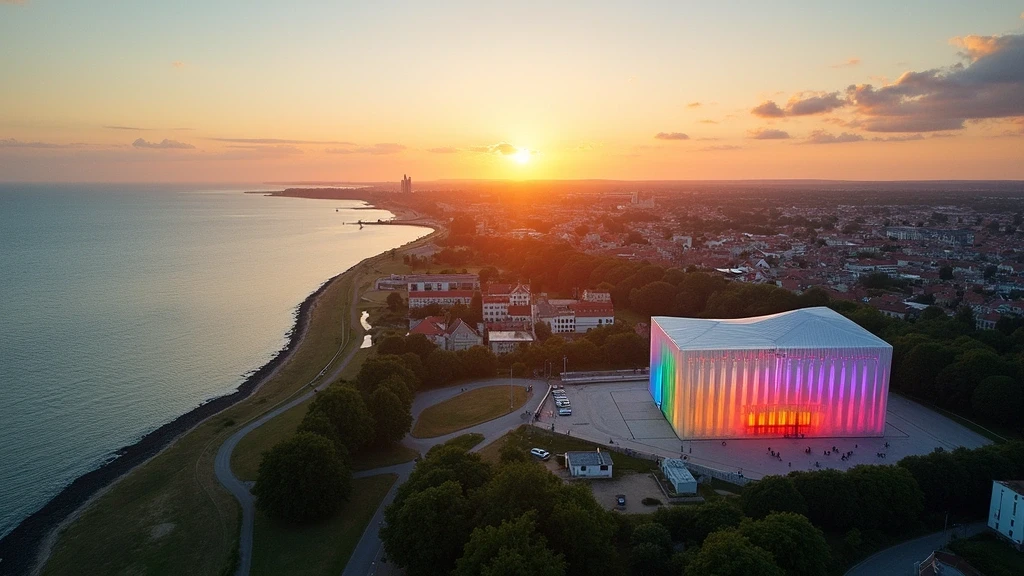 Luftaufnahme der Aarhus Bucht mit historischer Altstadt und ARoS Museum zur goldenen Stunde in Daenemark