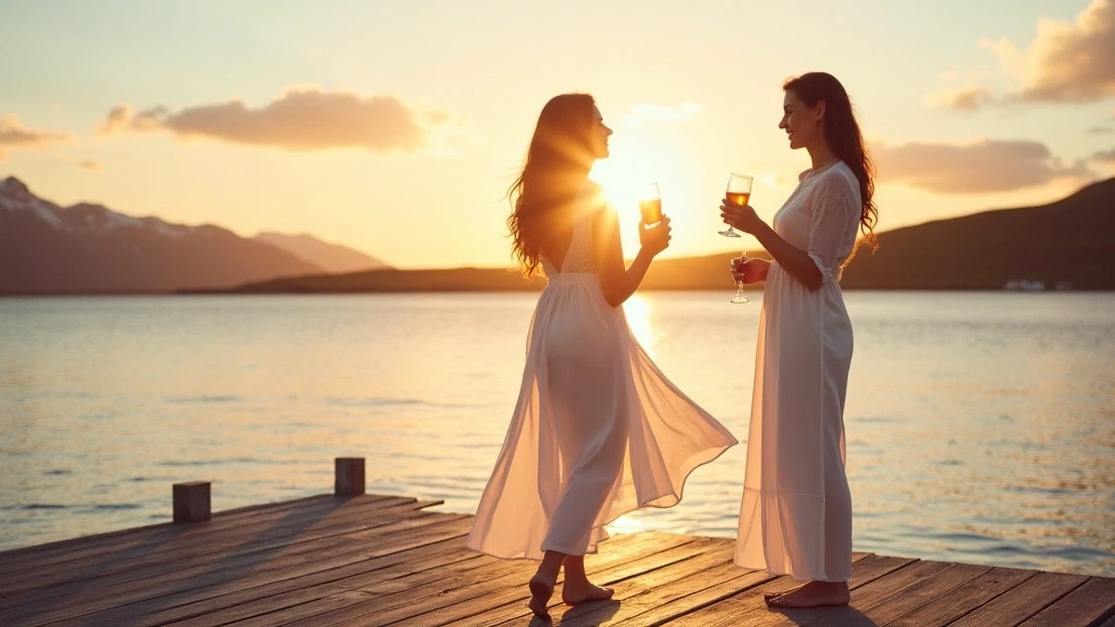 Elegante Frau auf Holzsteg in Aasiaat, Grönland bei Sonnenuntergang