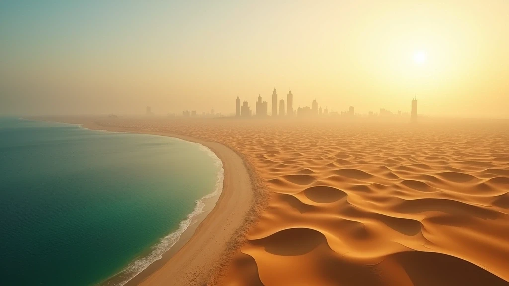 Luftaufnahme der goldenen Sandduenen und Kueste von Abu Dhabi zur goldenen Stunde