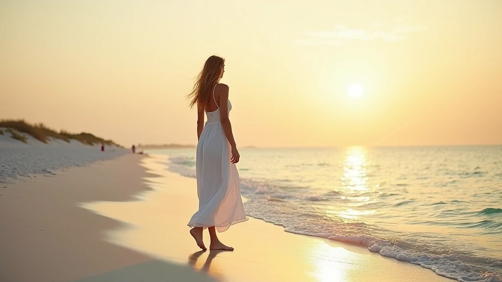 Elegante Frau am Saadiyat Strand bei Sonnenuntergang in Abu Dhabi