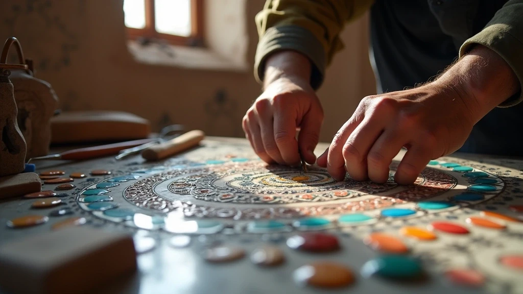 Hande eines Kunsthandwerkers bei Marmor-Pietra-Dura-Arbeit in Agra