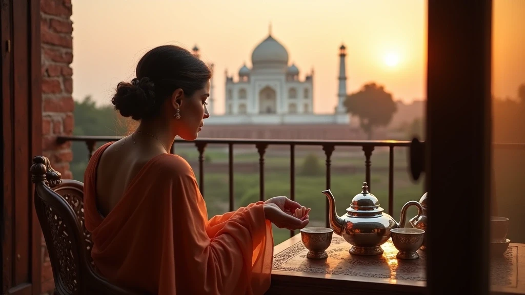 Elegante Frau in Seidensari geniesst Chai mit Taj-Mahal-Blick in Agra