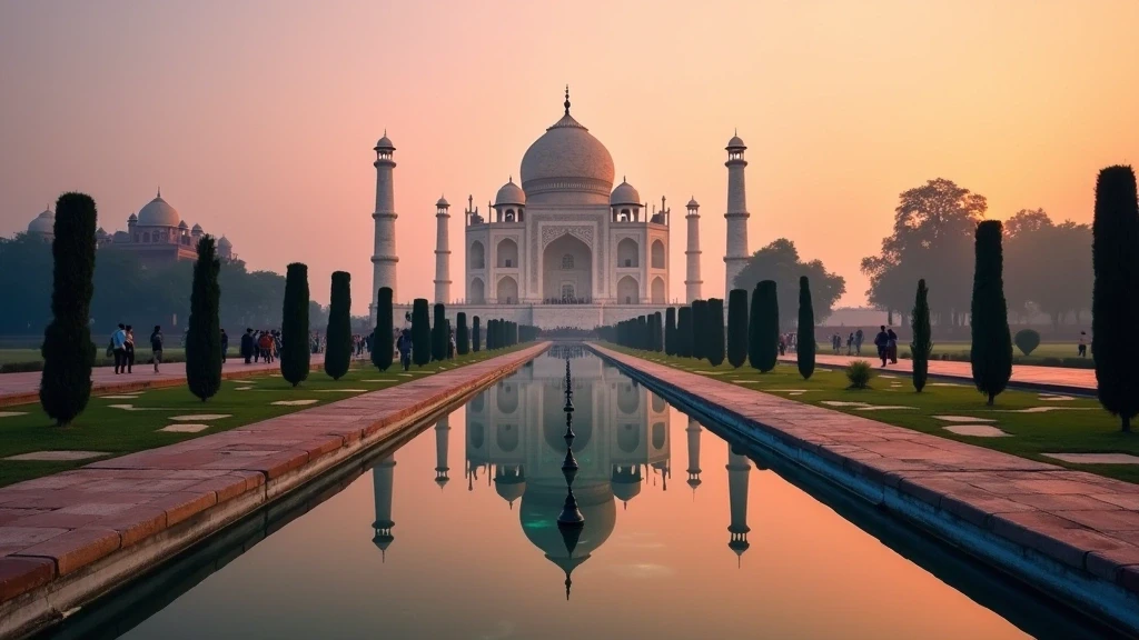 Panoramaansicht des Taj Mahal in Agra bei Sonnenuntergang mit Spiegelungen im Wasser