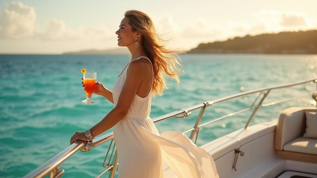 Elegante Frau geniesst Sonnenuntergang-Cocktails auf Luxusyacht in Airlie Beach