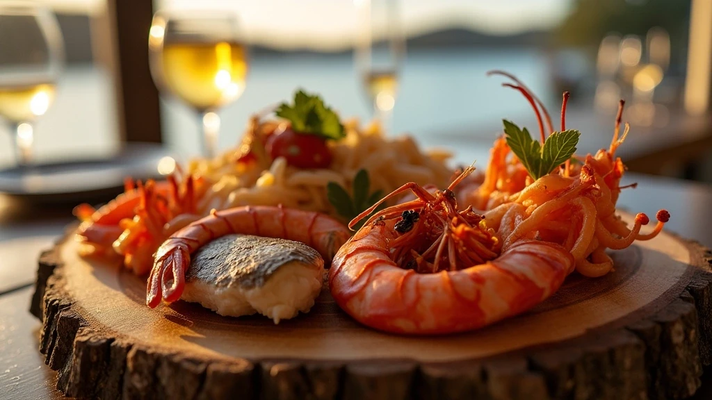 Frisches Meeresfruechte-Teller in Waterfront-Restaurant in Airlie Beach zur goldenen Stunde