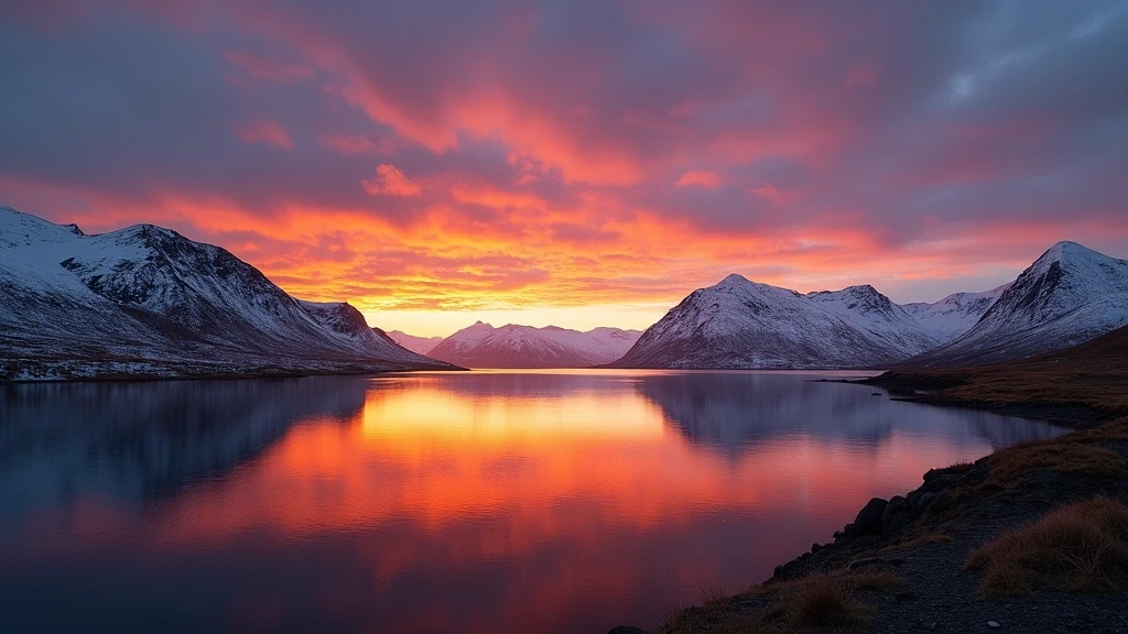 Sonnenuntergang über dem Eyjafjörður Fjord in Akureyri mit farbenfrohem Himmel