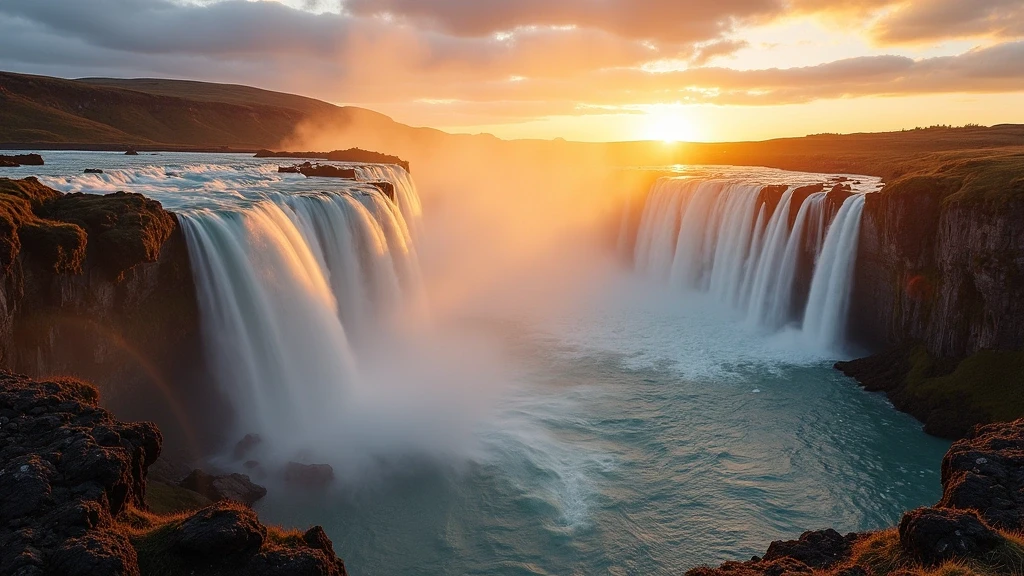 Panorama des Godafoss Wasserfalls in Akureyri zur goldenen Stunde mit Regenbogen