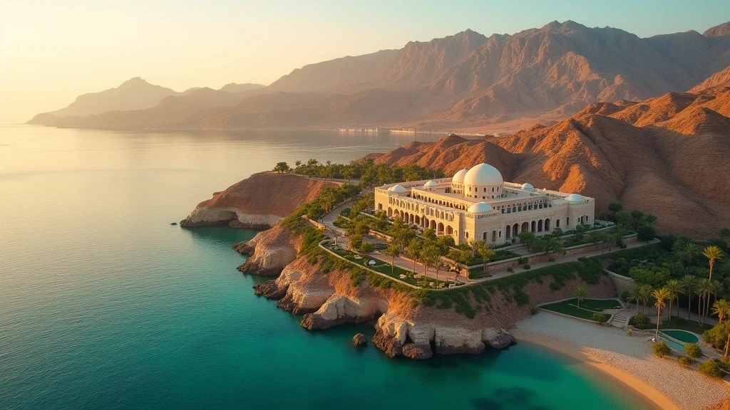Luftaufnahme des Al Bustan Palace Ritz-Carlton in Oman mit Hajar-Bergen und tuerkisfarbenem Meer zur goldenen Stunde