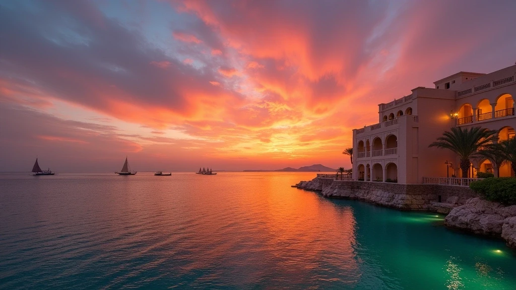Sonnenuntergang ueber dem Golf von Oman vom Al Bustan Palace Ritz-Carlton in Oman mit traditionellen Dhows