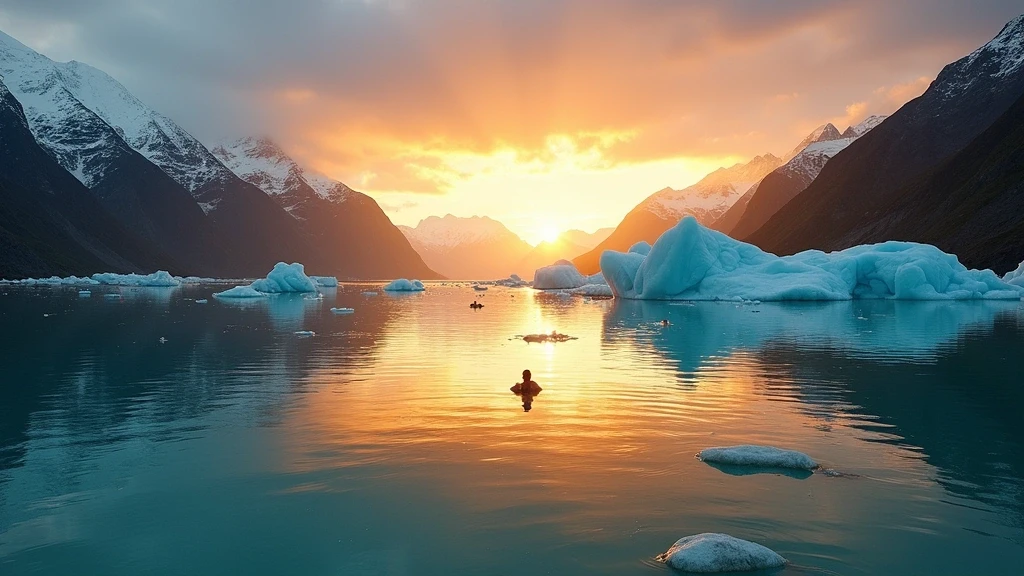 Sonnenuntergang ueber Kenai Fjords in Alaska, Gletscherwasser und Eisberge im goldenen Licht