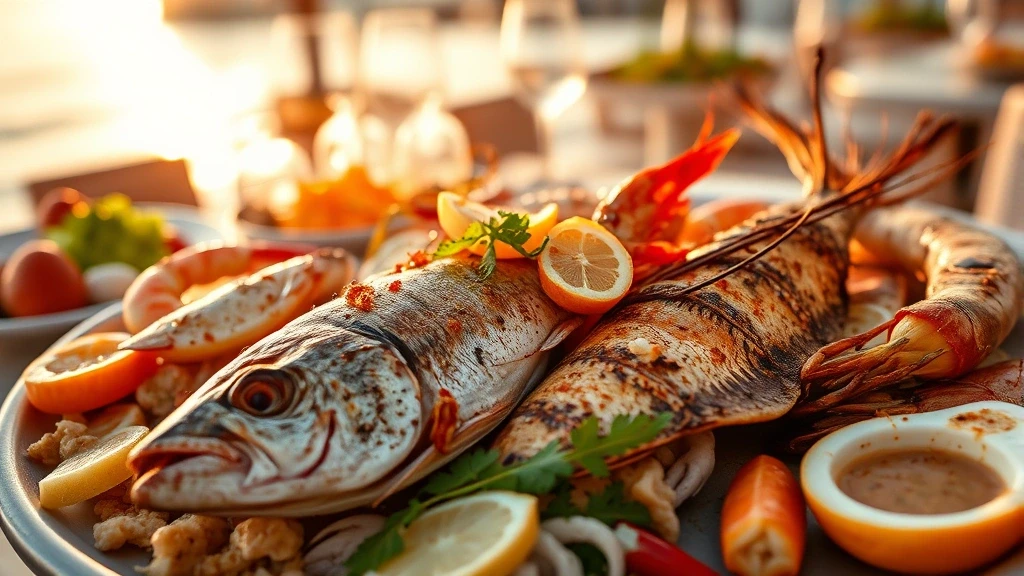 Frisches Meeresfruechte-Teller mit gegrilltem Fisch und Gewuerzen in Alexandria Restaurant