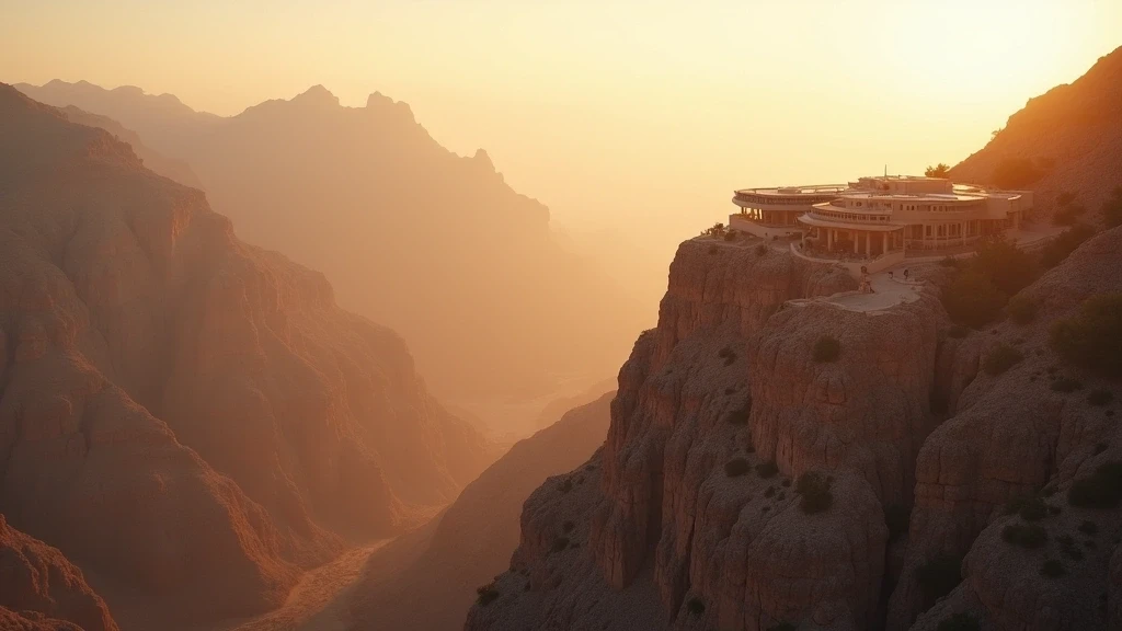 Dramatische Luftaufnahme der Hajar-Berge und des Alila Jabal Akhdar Resorts zur goldenen Stunde in Oman