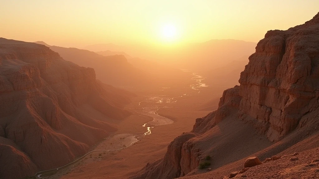 Panoramablick auf die felsige Berglandschaft und traditionelle Terrassenfelder bei Sonnenuntergang in Alila Jabal Akhdar