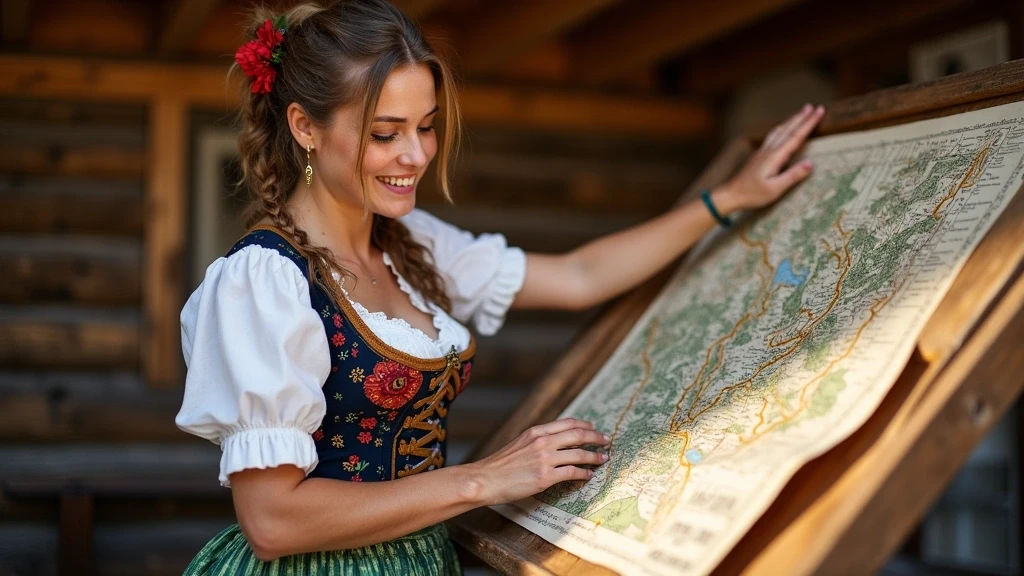 Lokale Fuehrerin in Dirndl zeigt Wanderwege an einer Almhuette in den Alpen Österreichs