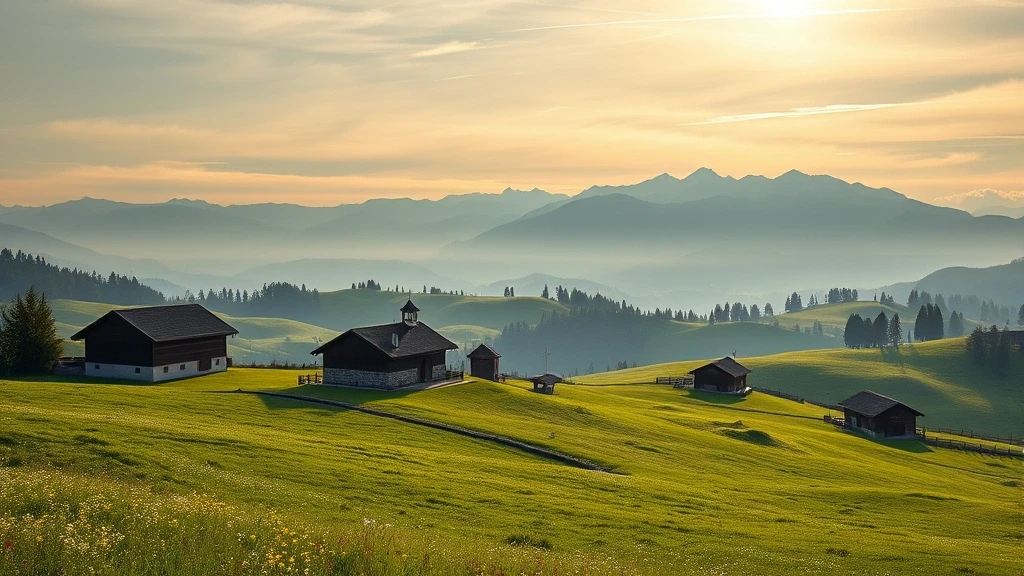 Panoramablick auf die gruenen Wiesen und traditionellen Scheunen der Alpenrose Private Estate in der Schweiz mit Alpenkulisse