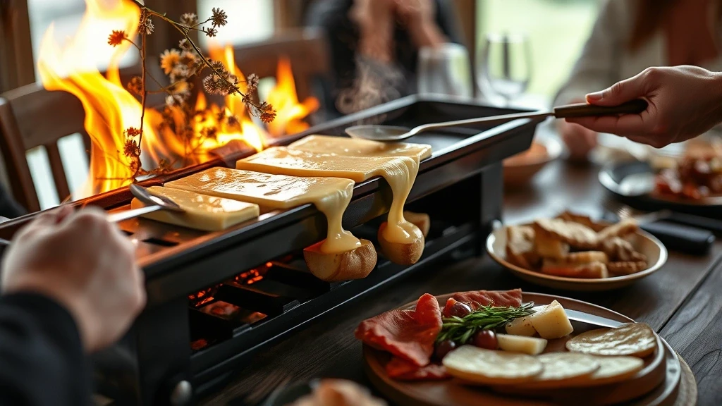 Traditionelles Schweizer Raclette wird ueber offenem Feuer an der Alpenrose Private Estate in der Schweiz zubereitet