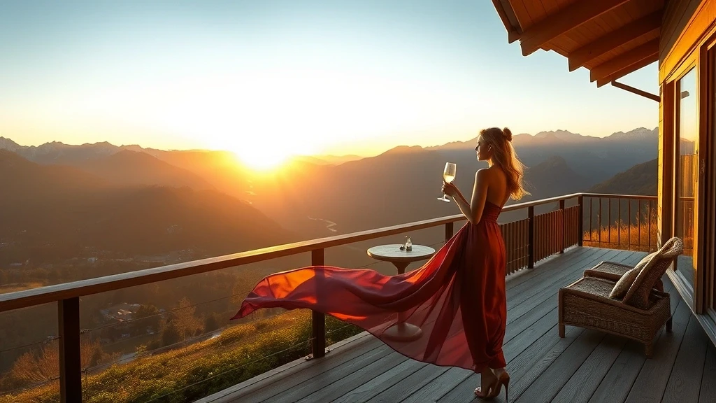 Elegante Frau geniesst Sonnenuntergang mit Champagner auf der Terrasse der Alpenrose Private Estate in der Schweiz
