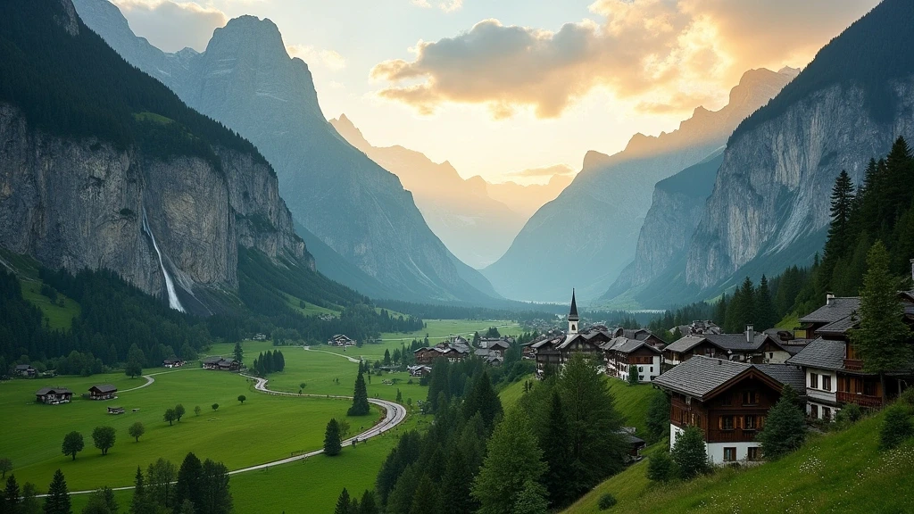 Panoramablick auf das Lauterbrunnental mit Wasserfaellen in der Schweiz