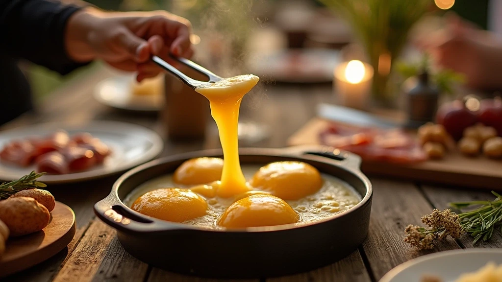 Traditionelles Schweizer Raclette ueber offenem Feuer zubereitet mit geschmolzenem Kaese