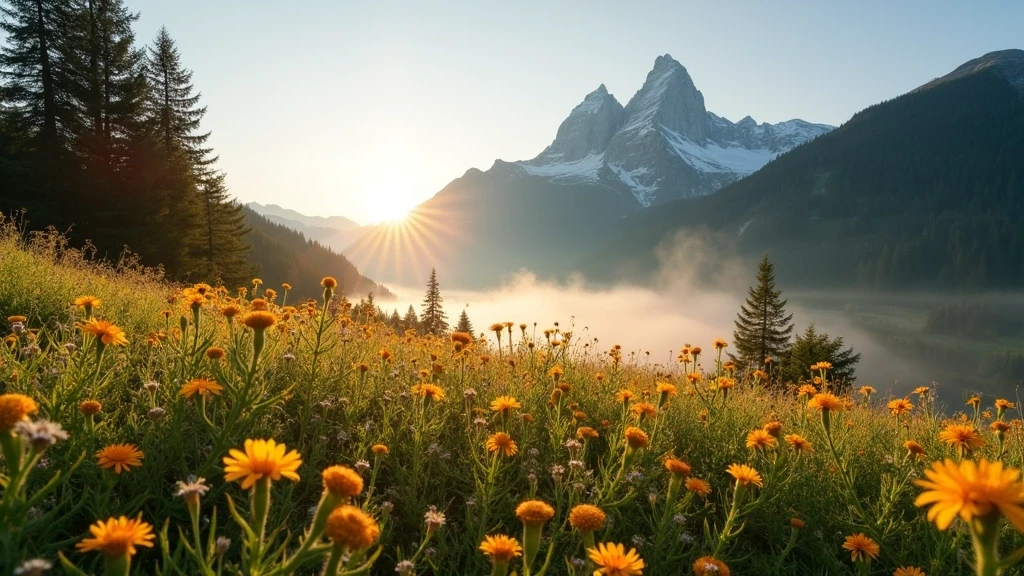 Alpenwiese mit Wildblumen in Alpine Sanctum, Schweiz zur goldenen Stunde mit Bergpanorama