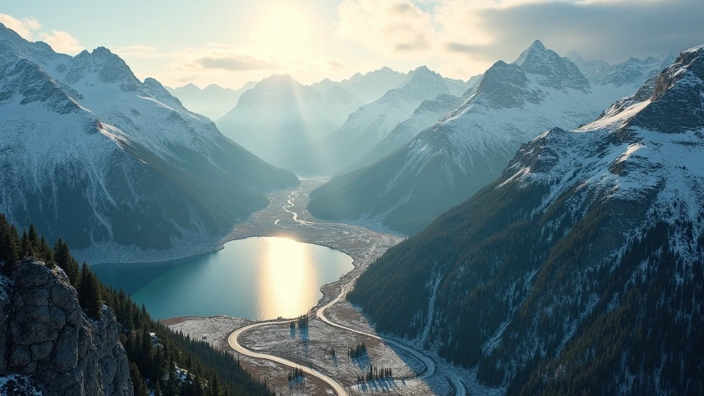 Luftaufnahme der Alpenlandschaft in Alpine Sanctum, Schweiz mit schneebedeckten Gipfeln und goldenem Licht