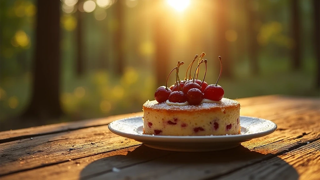 Detailaufnahme von Schwarzwaelder Kirschtorte im Wald bei Alpirsbach mit goldenem Licht