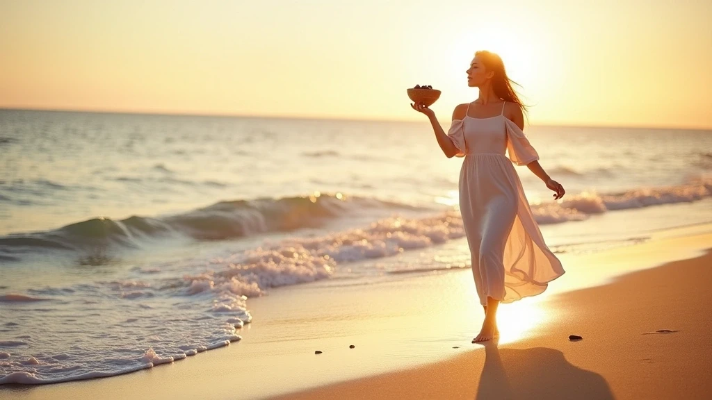 Elegante Frau am Ilha do Amor Sandbank mit Acai-Beeren zur goldenen Stunde