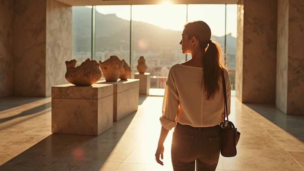 Reisende betrachtet antike Töpferei im Neuen Akropolis-Museum in Athen