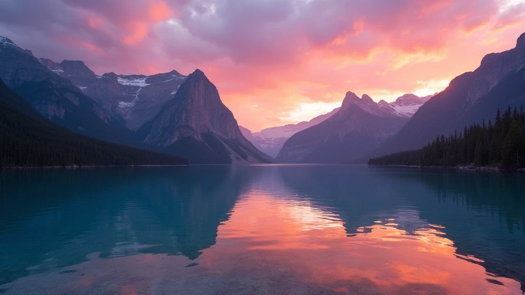 Panoramablick auf Bergkette mit Gletschersee bei Sonnenuntergang in Australien
