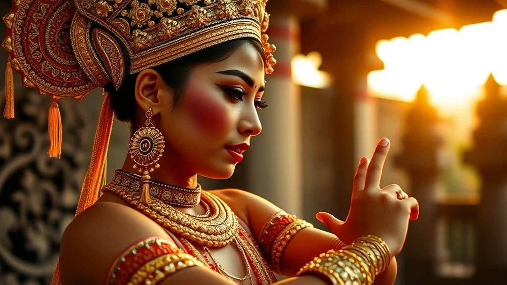 Balinesische Taenzerin in traditionellem Kostuem beim Legong Tanz in Ubud, Bali
