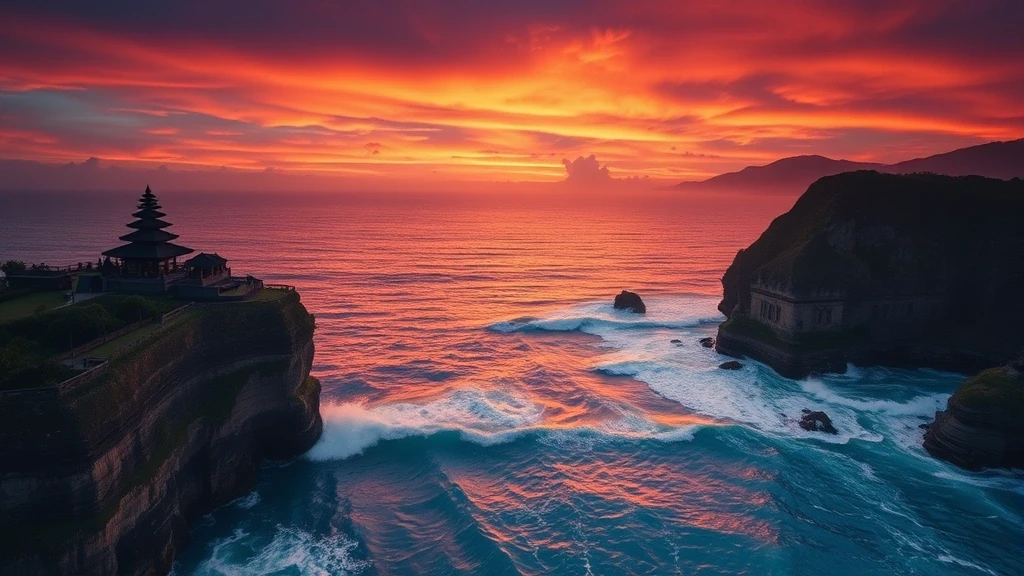 Sonnenuntergang am Uluwatu Tempel auf den Klippen von Bali, dramatische Landschaft