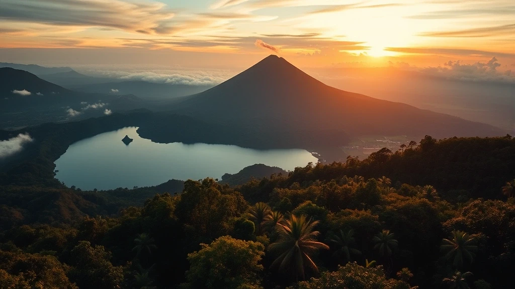 Goldene Stunde am Vulkan Batur in Bali, Panoramaaufnahme mit See und Nebel