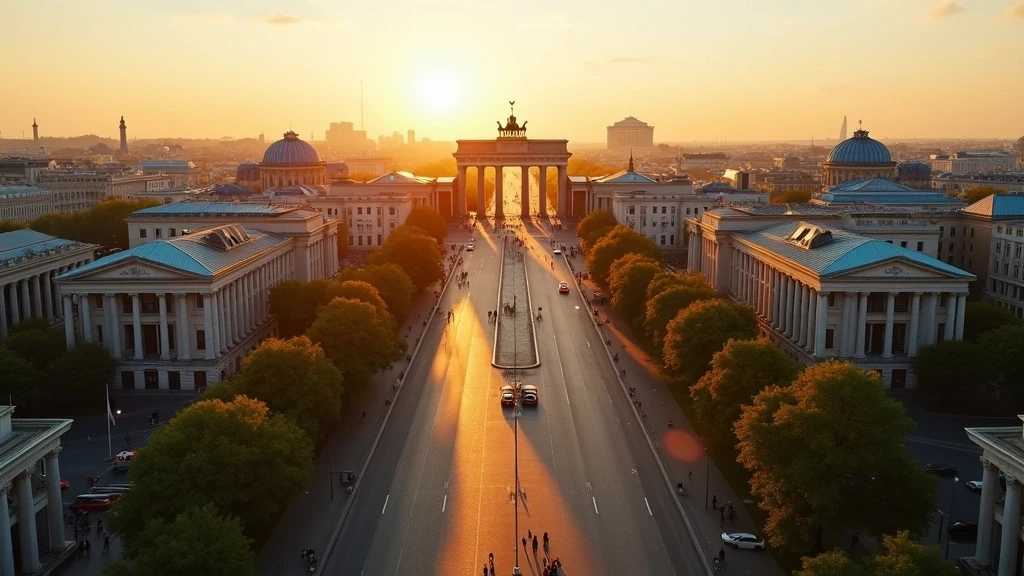 Luftaufnahme des Brandenburger Tors in Berlin zur goldenen Stunde mit historischer Architektur