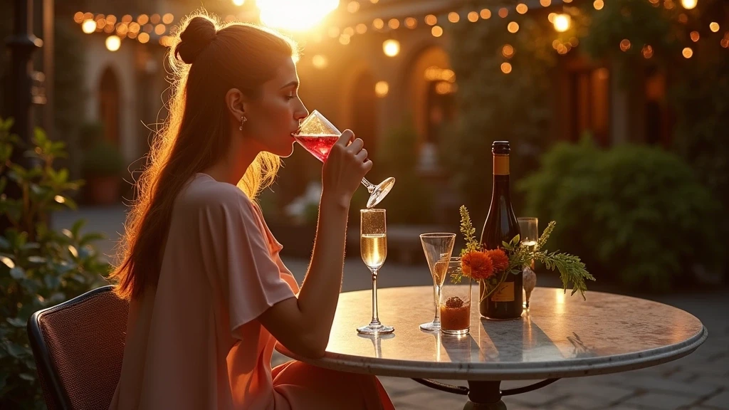 Elegante Frau geniesst Champagner im Clärchens Ballhaus Innenhof in Berlin bei Sonnenuntergang