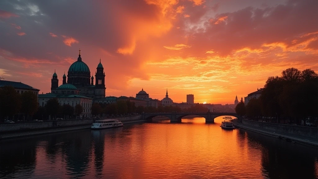 Sonnenuntergang ueber der Spree in Berlin mit Blick auf den Berliner Dom und Museumsinsel