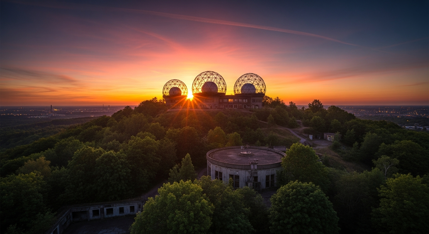 Panoramablick auf den Tiergarten in Berlin zur goldenen Stunde mit Siegessaeule