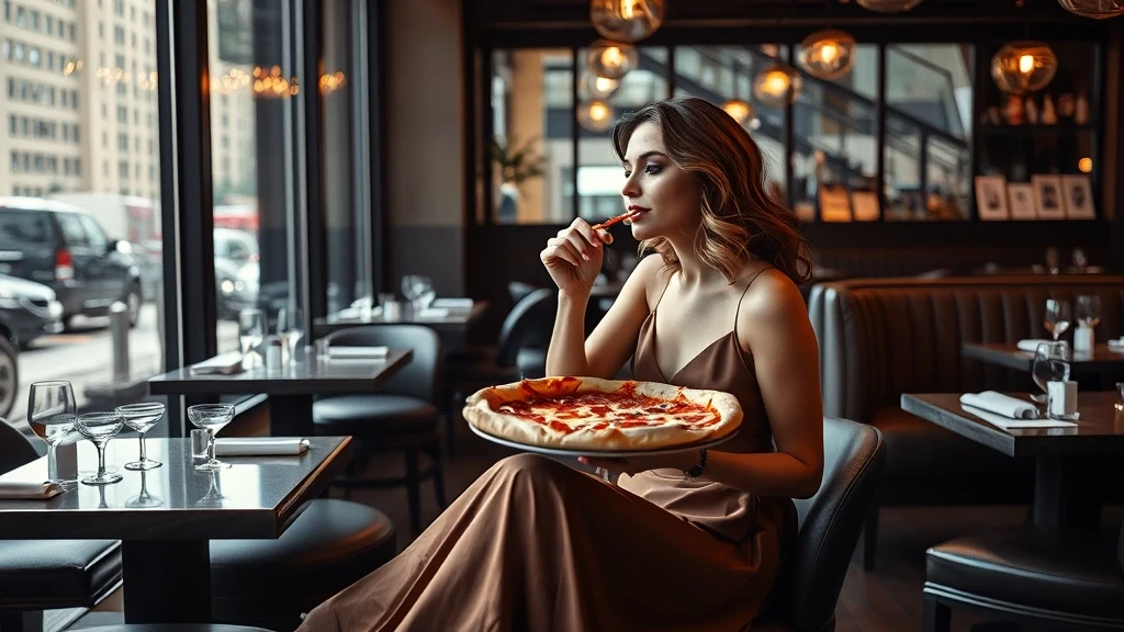 Elegante Frau geniesst Deep-Dish-Pizza in einem Chicago-Restaurant mit hohem Stil