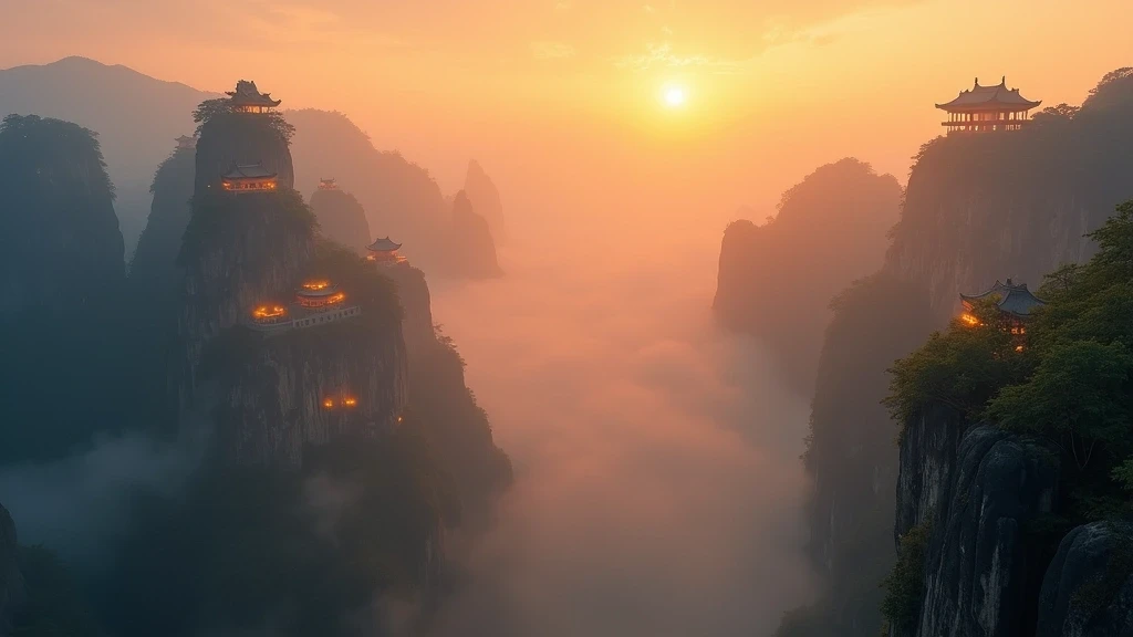 Goldene Stunde Sonnenuntergang ueber den Dazu-Felsreliefs in Chongqing, China