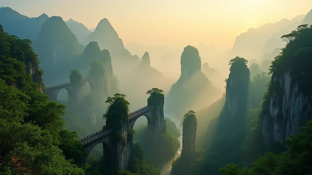 Panoramablick auf den Wulong-Karst-Nationalpark in Chongqing bei Sonnenaufgang