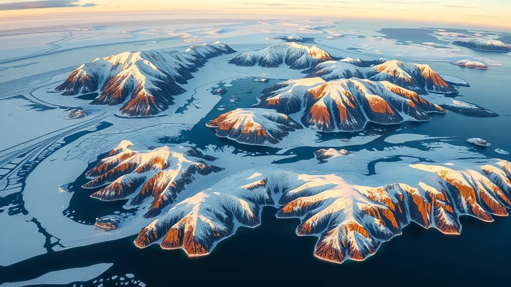 Luftaufnahme des Franz-Josef-Land Archipels in Russland mit Gletschern und Fjorden zur goldenen Stunde