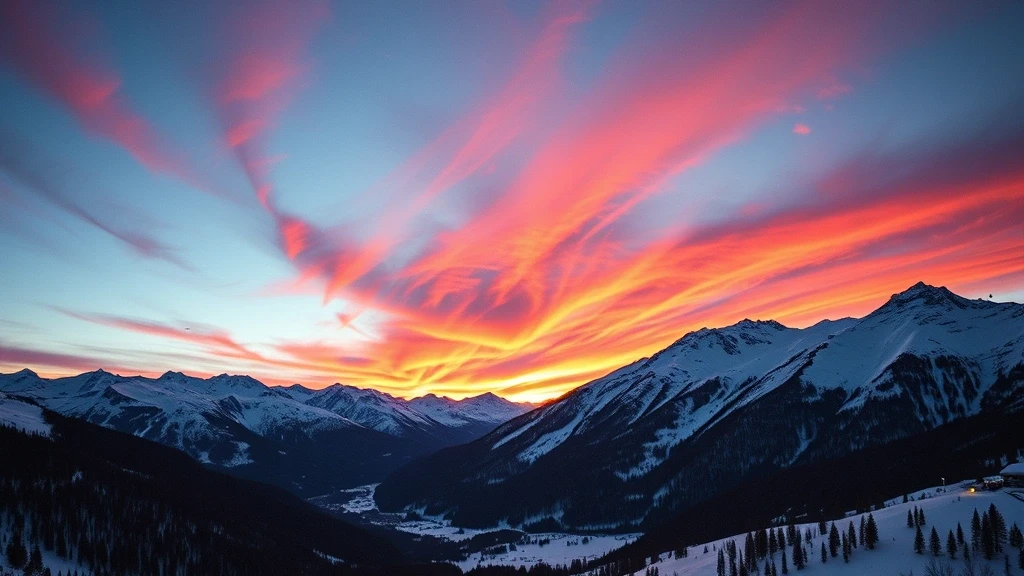 Sonnenuntergang ueber den Berner Alpen in Gstaad mit dramatischem Himmel und Schnee