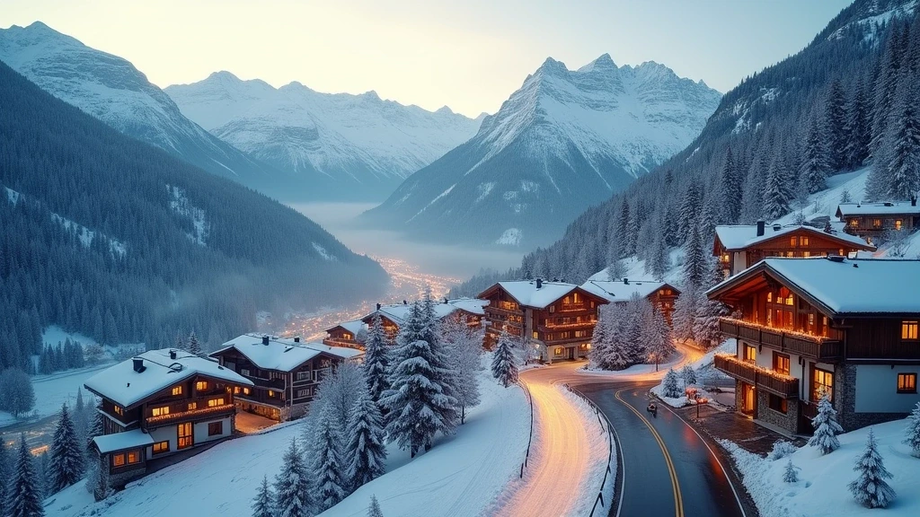 Luftaufnahme von Gstaad in den Schweizer Alpen zur goldenen Stunde mit schneebedeckten Gipfeln