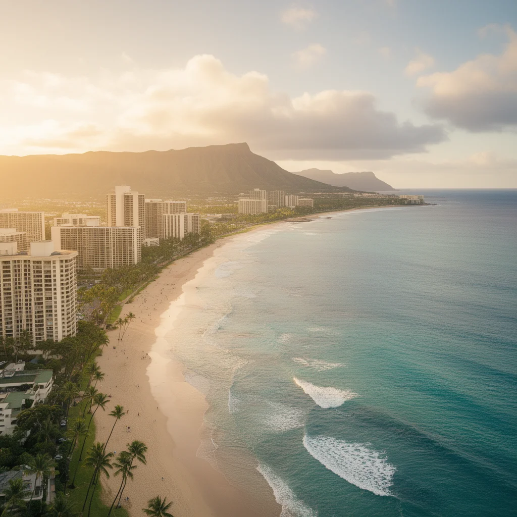 Luftaufnahme von Diamond Head und Waikiki-Küste in Honolulu zur goldenen Stunde
