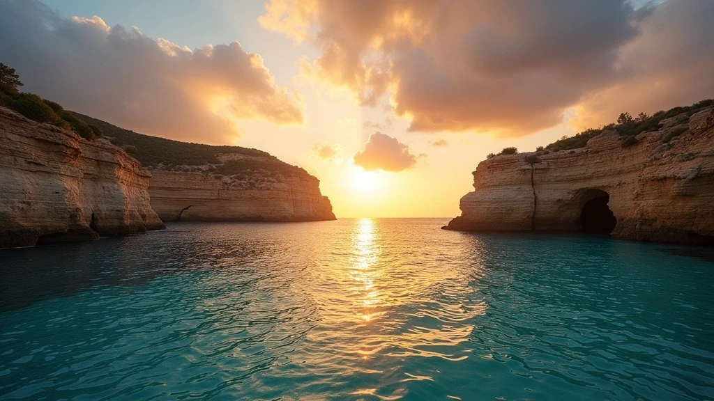 Sonnenuntergang über Cala Comte Strand in Ibiza mit türkisfarbenem Wasser und Felsen