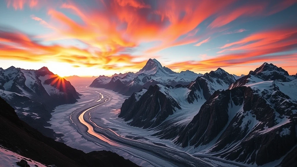 Panoramablick auf den Godwin-Austen-Gletscher mit K2 bei Sonnenuntergang