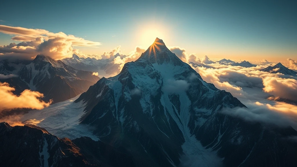 Dramatische Luftaufnahme des K2-Gipfels im Karakoram-Gebirge zur goldenen Stunde