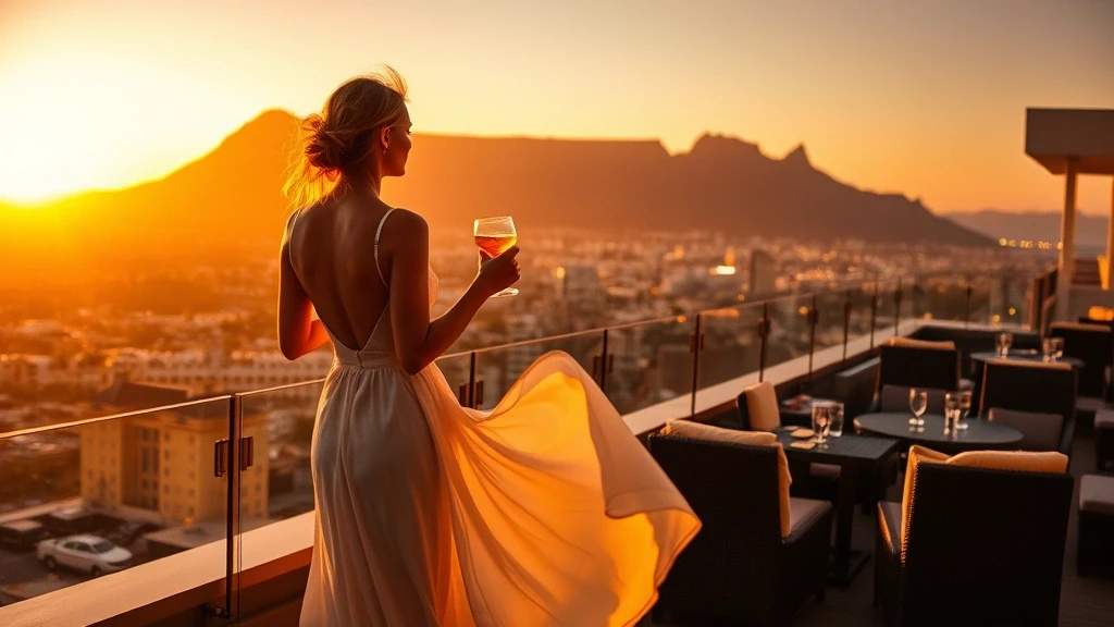 Elegante Frau genießt Sonnenuntergang auf Dachterrasse in Kapstadt mit Tafelberg-Blick