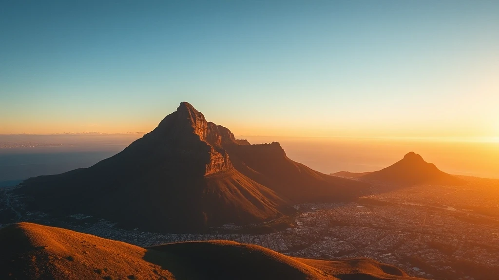 Luftaufnahme von Kapstadt mit Tafelberg und goldenem Licht über der Stadt und Küste